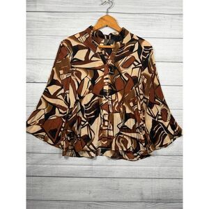 Sere Nade Women's M Brown Black Abstract Pleated Bell Sleeve Button Blouse 4385